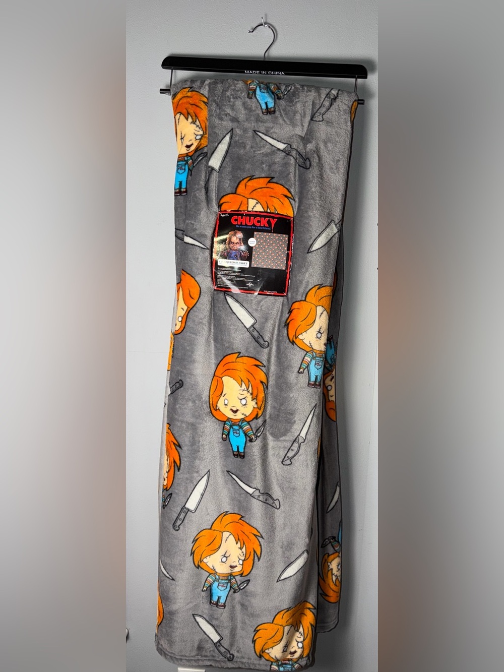 Chucky Plush Throw Blanket - Grey with Orange Character Print